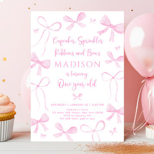 Zarte rosa Schleifen erster Geburtstag Einladung
