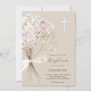 zarte Rosen und Gypsophila-Blumenstrauß Taufe Einladung