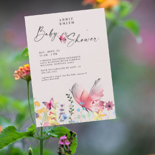 Zarte Schmetterlinge und Wildblumen Baby Shower Einladung
