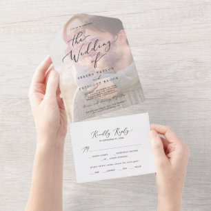 Zarte schwarze Kalligrafie   Foto-Hochzeit  All In One Einladung