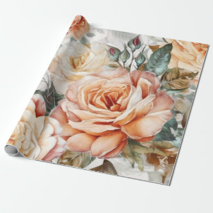 Zarte Vintage-Pfirsich- und weiße Rosen Geschenkpapier