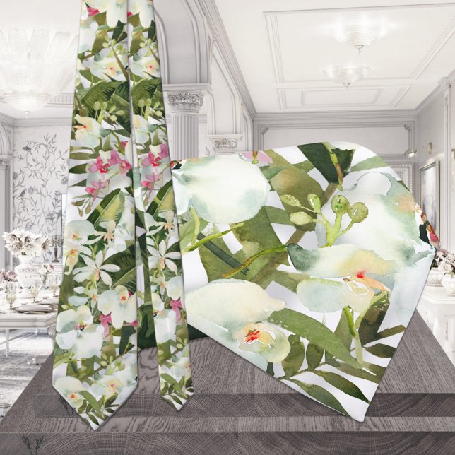 Zarte weiße Orchidee Hochzeit Tropischer Neck Tie Krawatte (Von Creator hochgeladen)
