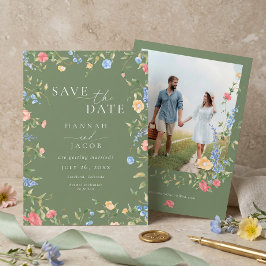 Zarte Wildblumen-Salbei-Grün-Foto-Hochzeit Save The Date