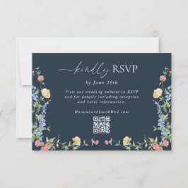 Zarter Boho-Wildblumen-Hochzeits-QR-Code in Marine RSVP Karte