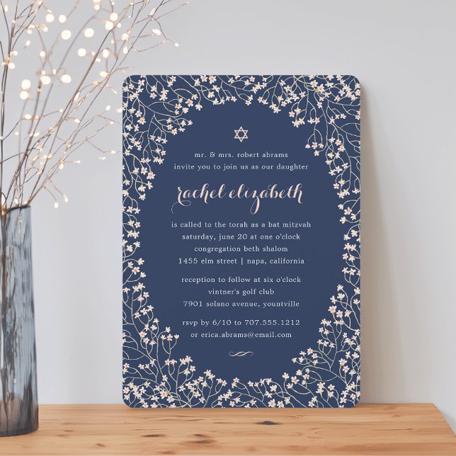 Zarter Rahmen | Blush & Navy Floral Bat Mitzvah Einladung (Von Creator hochgeladen)