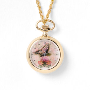 Zarter Rosa Schmetterling und Blumen Armbanduhr