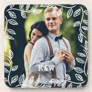 Zartes Blätterrahmen mit monogrammiertem Foto Getränkeuntersetzer