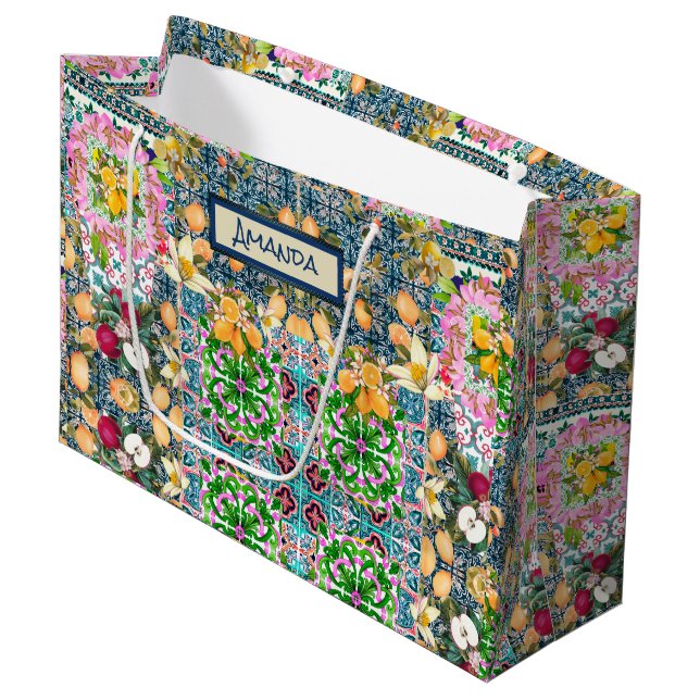 Zartes blaues, sizilianisches Zitrusfliesen Große Geschenktüte (Vorderseite Schrägansicht)