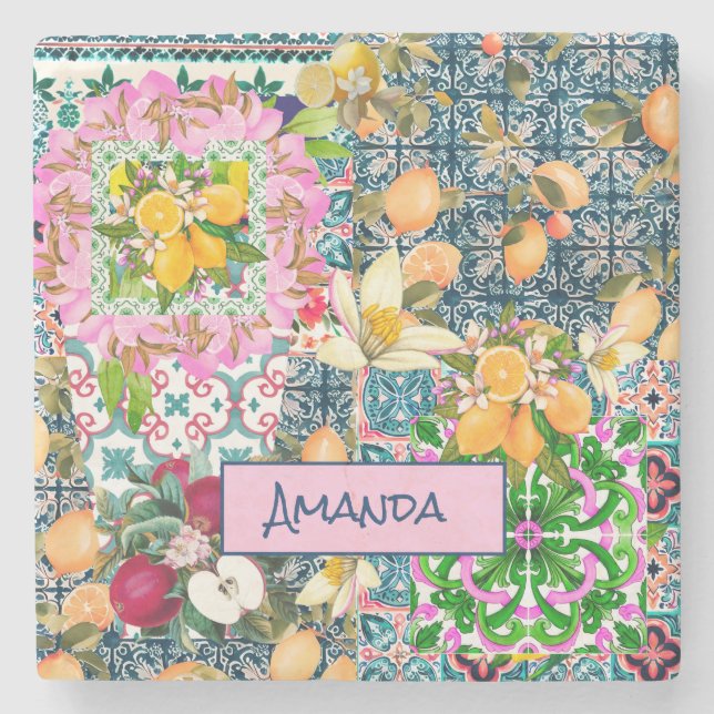 Zartes blaues, sizilianisches Zitrusfliesen Steinuntersetzer (Vorderseite)