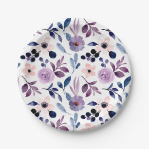 Zartes Blumendesign mit navyblauen Lavendelblätter Pappteller