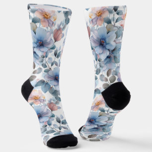 Zartes Blumenmuster in Aquarellfarben in Pastellfa Socken