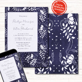 Zartes Blumenrahmen auf blauer Hochzeitseinladung Einladung