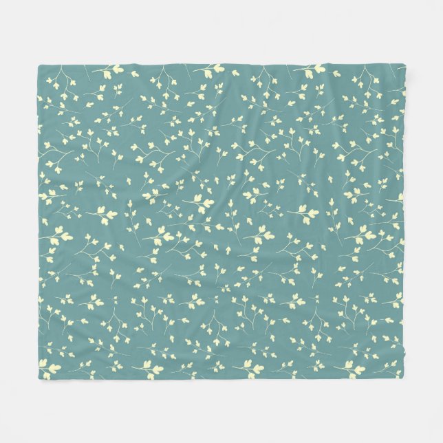 Zartes Creme-Blatt Staub-Teal Botanisches Muster Fleecedecke (Vorderseite (Horizontal))