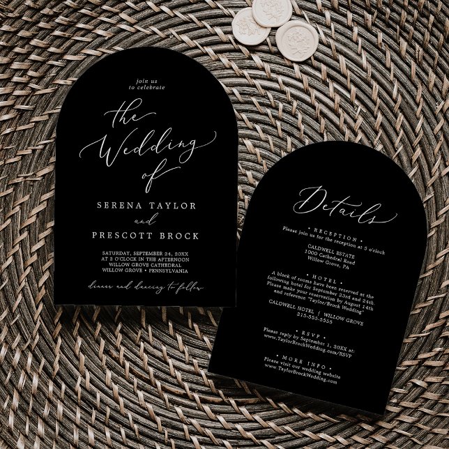 Zartes dunkles Schwarz in einer modernen Arch-Hoch Einladung (Delicate Dark Black All In One Modern Arch Wedding Invitation)