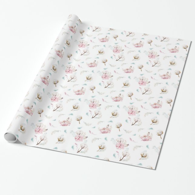 Zartes Floral & Baumwolle Geschenkpapier (Ungerollt)