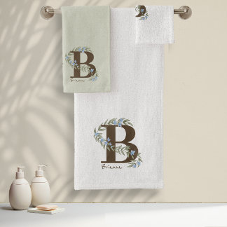 Zartes florales Monogramm Salbei Blau ID1332 Badhandtuch Set