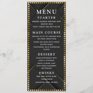 Zartes Gold und schwarzes Hochzeitsdinner-Menü Menükarte