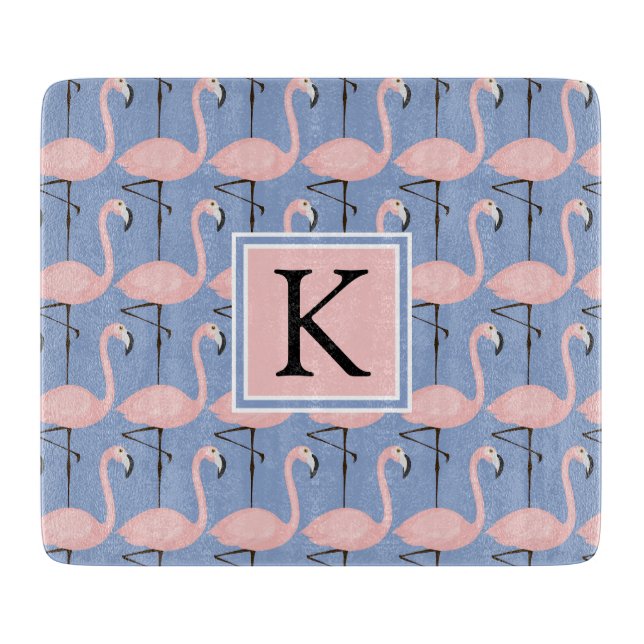 Zartes Monogramm des Flamingo-Muster-| Schneidebrett (Vorderseite)