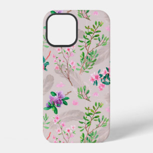 Zartes Muster mit Rhododendronblüten und Federn iPhone 12 Hülle