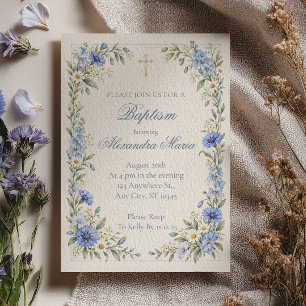 Zartes, pulvrig blaues, florales Wasserfarben-Tauf Einladung