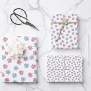 Zartes Rosa Blaues Blumenmuster Geschenkpapier Set