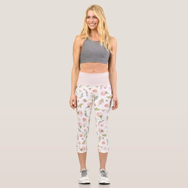 Zartes rosa Blumenmuster Capri Leggings (Vorderseite)