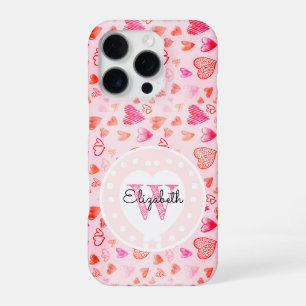 Zartes rosa Herz Muster & Monogramm weißes Herz iPhone 16 Pro Hülle