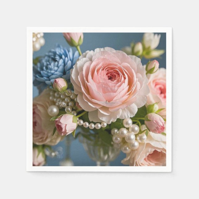 Zartes Rosa Rosa mit Perle in Vase Serviette (Vorderseite)