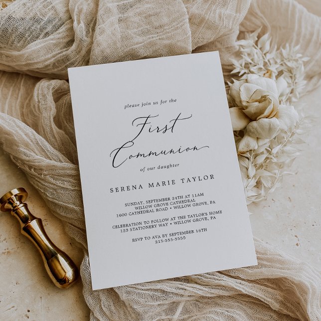 Zartes Schwarzes Kalligrafie Erste Kommunion Einladung (Von Creator hochgeladen)