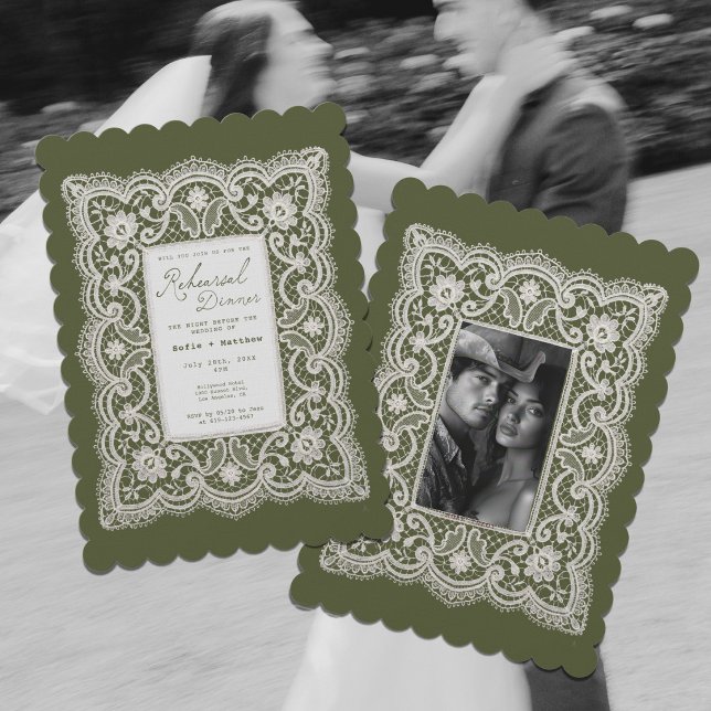 Zartes Spitzenhäkeldeckchen Oliven Grün Probeessen Einladung (Delicate Lace Doily Olive Green Rehearsal Dinner Invitation)