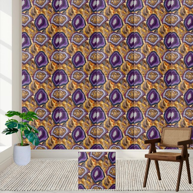Zauber von Lila und Gold Geode Agate Fliese (Sparkling Crystals of Purple and Gold Geode Agate Ceramic Tile)