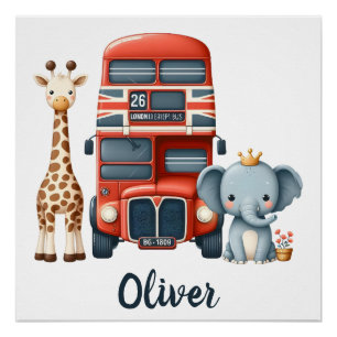 Zauberbus London mit Giraffe & Elefant Poster