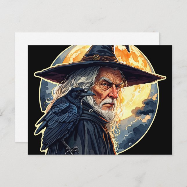 Zauberer mit einem Raven - Halloween Fan Fun 2 Postkarte (Vorne/Hinten)