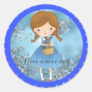Zauberer Oz Dorothy/Toto auf Blue Silver Glitzer Runder Aufkleber