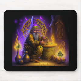 Zauberer sitzt an einem Tisch und beschwört einen Mousepad