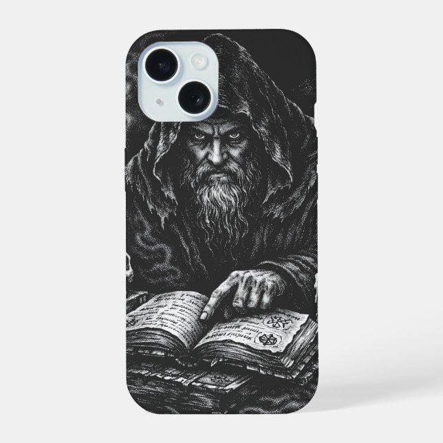 Zauberer studiert das Grimoire — von BurnsInHell iPhone 15 Hülle (Rückseite)