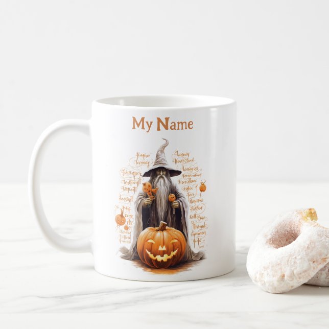 Zauberer und sein Kürbis: Halloween Personalisiert Kaffeetasse (Mit Donut)
