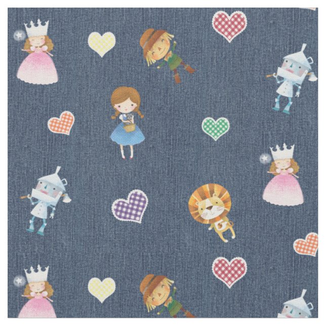 Zauberer von Oz und Gingham Hearts on Blue Denim Stoff (Nahaufnahme)