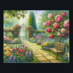 Zaubergarten Puzzle<br><div class="desc">Es ist Mai. In einem schönen Garten gibt es einen großen Busch von Rose und einen Viburnumbusch. Ein Weg aus gelben Steinplatten führt durch ein hohes Gartentor aus grünem Busch. Auf dem Weg ist eine Bank. Im Garten blühen Tulpen, Torfbäume und Lilien des Tales. Weiches Licht fällt auf die Szene....</div>