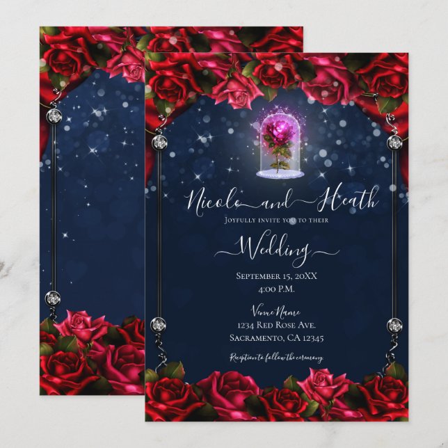 Zauberglühende Rote Rose Silver Navy Blue Wedding Einladung (Vorne/Hinten)