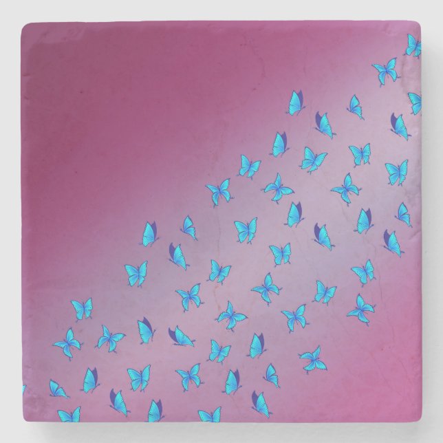 Zauberhafte blaue Schmetterlinge Rosa Steinuntersetzer (Vorderseite)