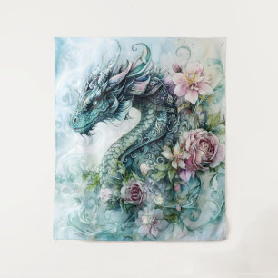Zauberhafte Blumen-Drachen-Fantasie-Kunst Wandteppich