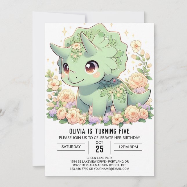 Zauberhafte Blumendinosaurier Digital zum Geburtst Einladung (Vorderseite)