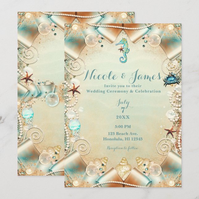 Zauberhafte Creme unter Meeresperlen Hochzeit der  Einladung (Vorne/Hinten)