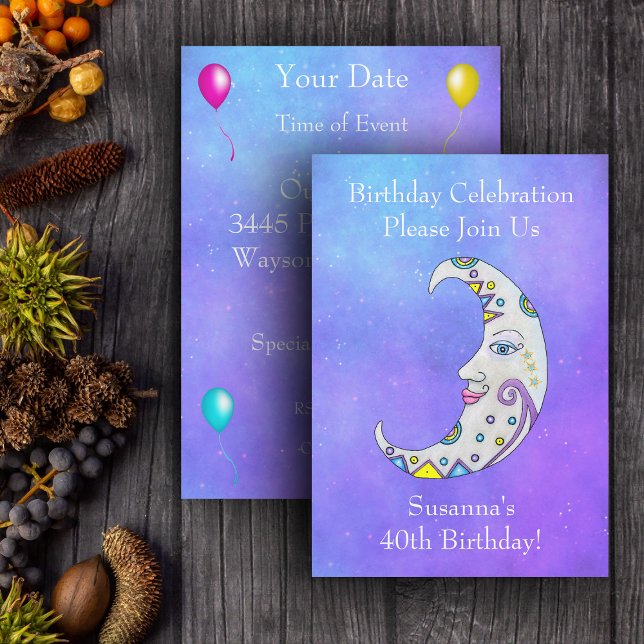 Zauberhafte Crescent Moon Face Color Markierungen  Einladung (Magical crescent moon pretty face colourful markings on purple sky Birthday party invitations.)