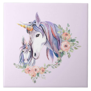Zauberhafte Einhorn-Mama & Baby Watercolor Fliese
