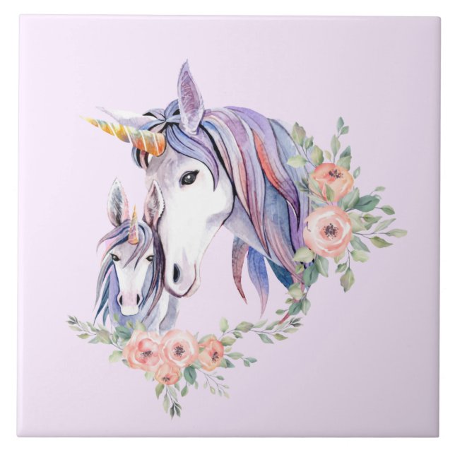 Zauberhafte Einhorn-Mama & Baby Watercolor Fliese (Vorderseite)