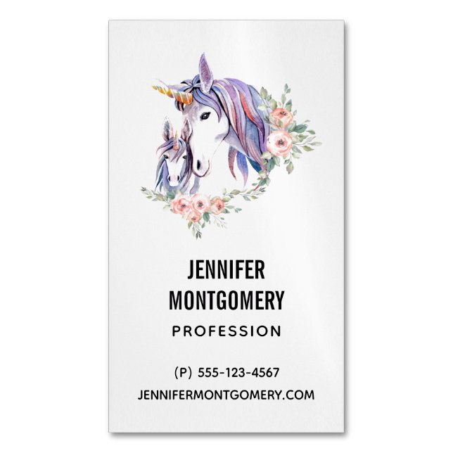 Zauberhafte Einhorn-Mama & Baby Watercolor Magnetische Visitenkarte (Vorderseite Vertikal)