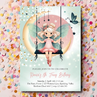 Zauberhafte Fee auf dem schwingenden Kindergeburts Einladung