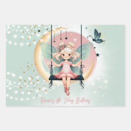 Zauberhafte Fee auf dem schwingenden Kindergeburts Geschenkpapier Set